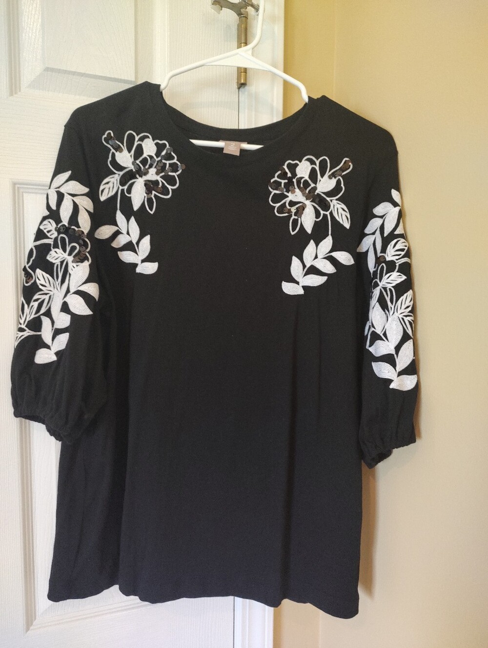 Chico's Black Top with White Floral Beaded Embroidery